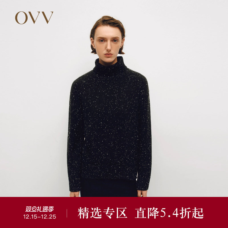 OVVOutlet秋冬热卖女装可翻折高领点子纱休闲长袖羊绒衫