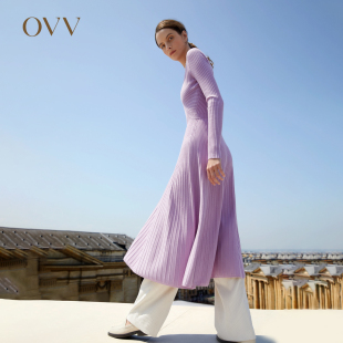 OVV Outlet 秋冬热卖女V领A字廓形下摆伞裙长袖绵羊毛针织连衣裙