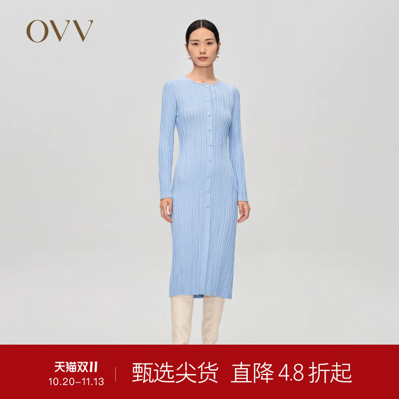 OVV Outlet 秋冬热卖女羊毛立体曲线坑条装饰圆领长袖针织连衣裙