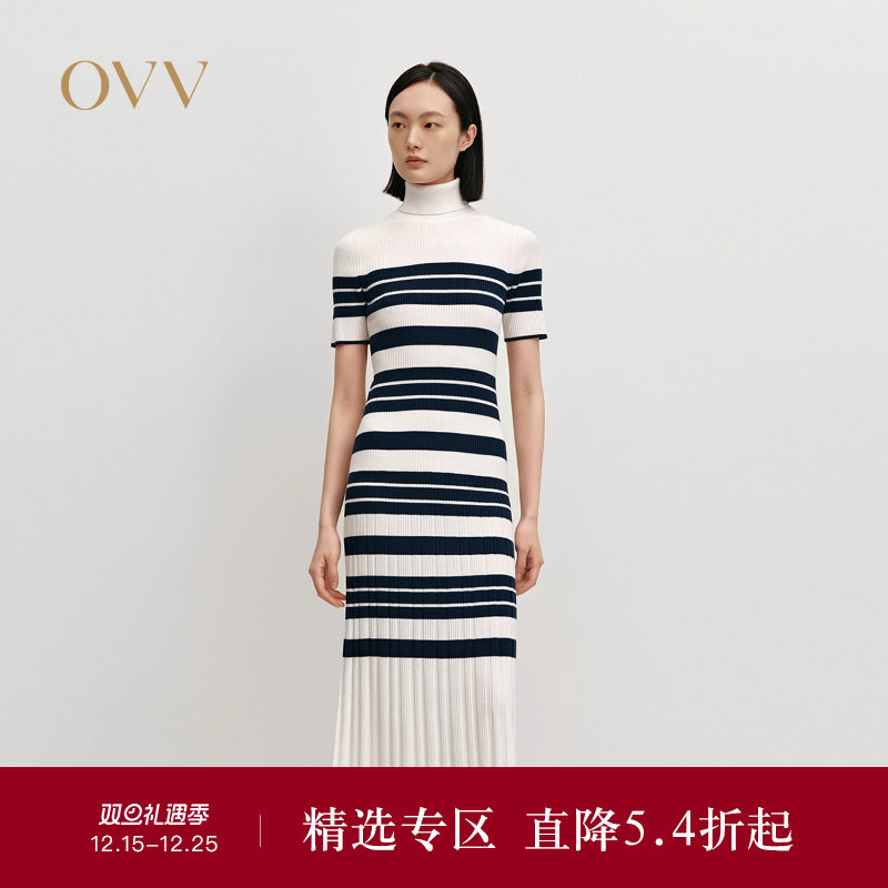 OVVOutlet秋冬热卖女装经典横条纹高领长袖羊毛针织连衣裙