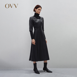 女U领中袖 OVV 秋冬新款 皮裙小黑裙连衣裙 Outlet 随附腰带中长款