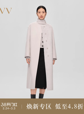 OVV秋冬热卖女装羊毛双面呢拼环保皮草配腰带长款大衣