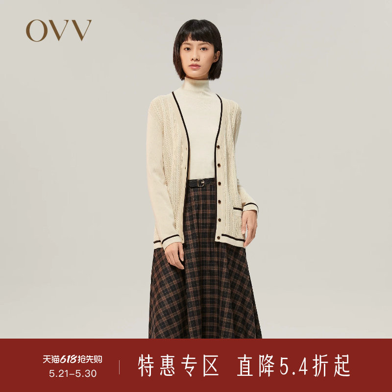 OVV Outlet秋冬女立体花型撞色优雅学院风针织开衫外套