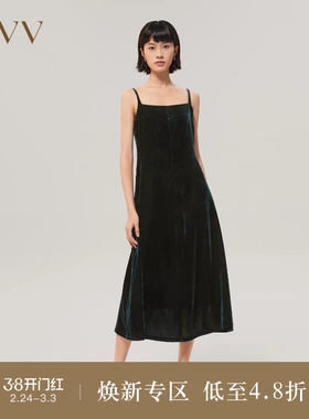 OVV Outlet秋冬女装日本进口丝绒方领复古时髦吊带长裙
