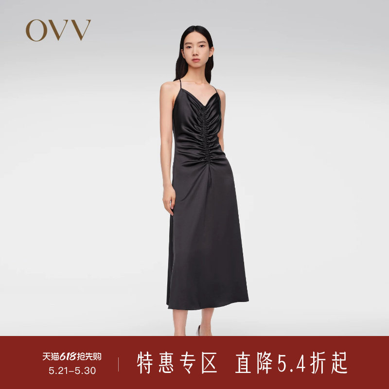 OVV春夏热卖女装优雅V领抽褶简约A字休闲吊带连衣裙