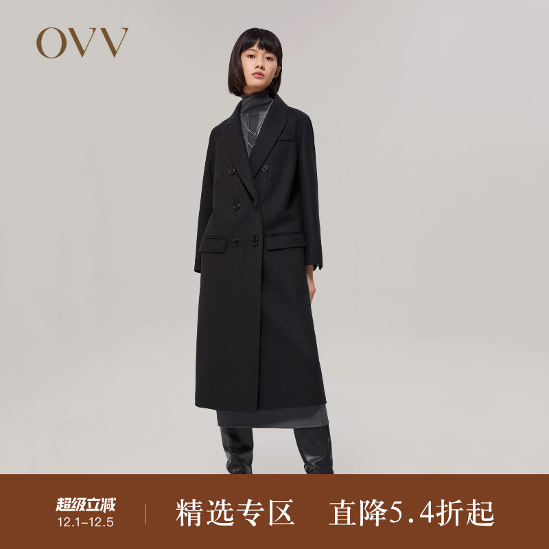 OVV复古双排扣羊毛混纺大衣女