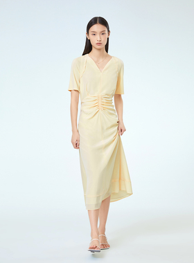 OVVOutlet 春夏新款女弹力法式优雅浪漫压褶工艺插肩短袖连衣裙