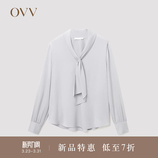 休闲衬衫 缎面醋酸V领飘带长袖 上衣 女装 OVVOutlet秋冬热卖