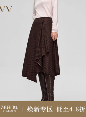OVV Outlet秋冬新款女装千鸟格不规则下摆设计中长款休闲半身裙