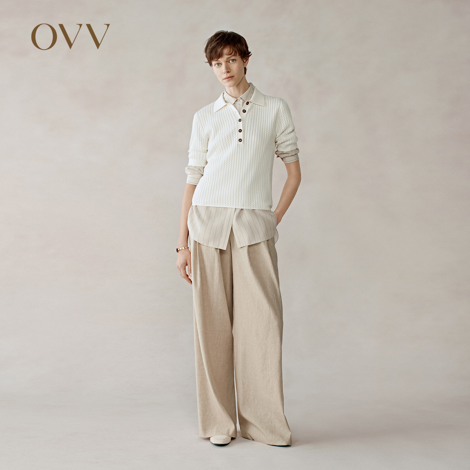 OVV2025春夏新款女装亚麻混纺舒适宽松休闲松弛感阔腿裤