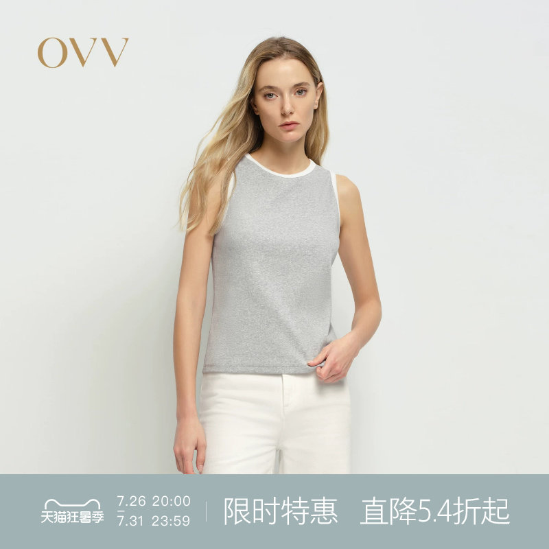 OVV2025春夏新款女装圆领无袖撞色边饰棉质修身背心T恤 - 实物图