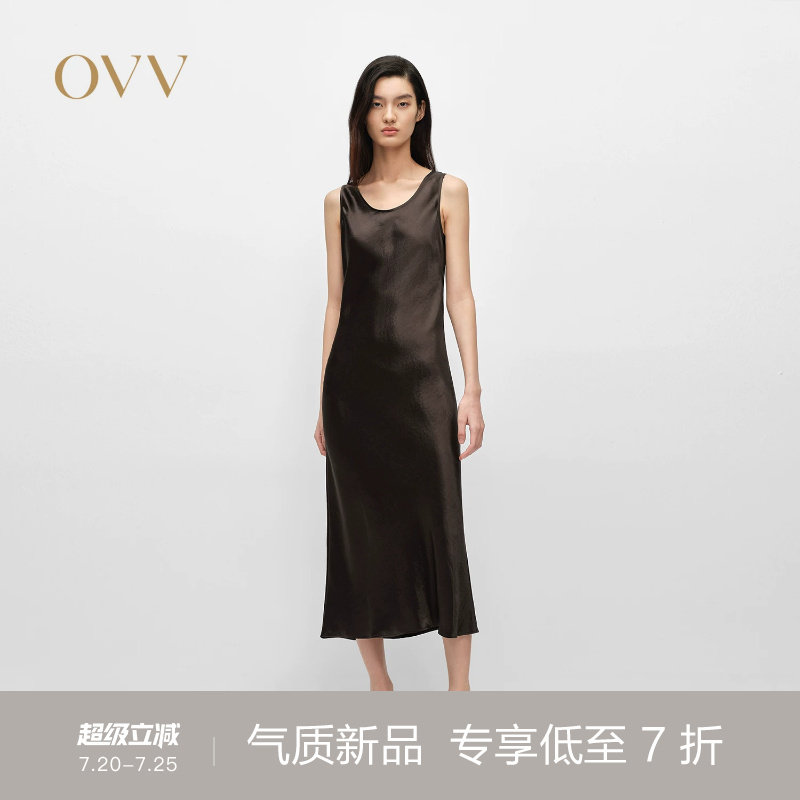 OVV2025春夏新款女装简洁圆领醋酸缎面休闲吊带连衣裙