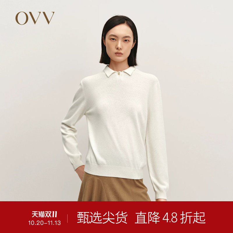 OVVOutlet秋冬热卖热卖女装蓬松舒适经典POLO领长袖休闲羊绒衫