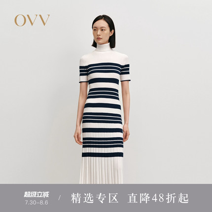 OVVOutlet2024秋冬新款女装经典横条纹高领长袖羊毛针织连衣裙