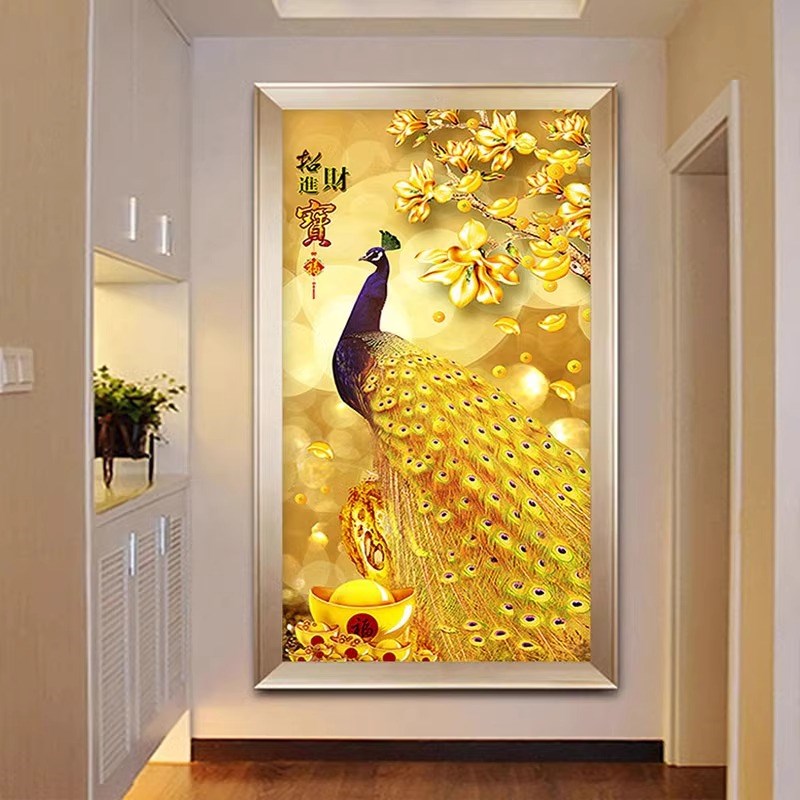 钻石画2025新款满钻客厅玄关点砖贴画带框十字绣大气U黄金孔雀202