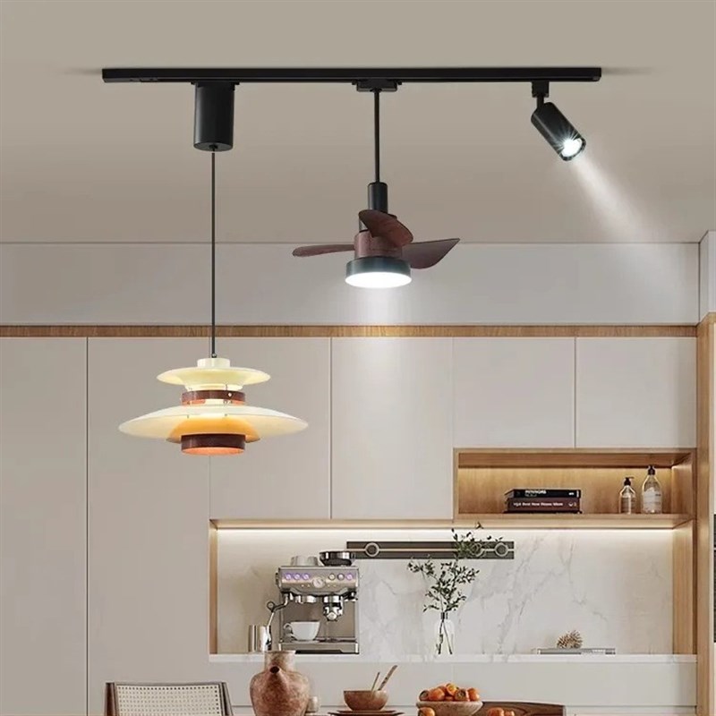 新款风扇灯轨道可升降可移位餐厅吊灯原木风ins网红岛台吧台灯
