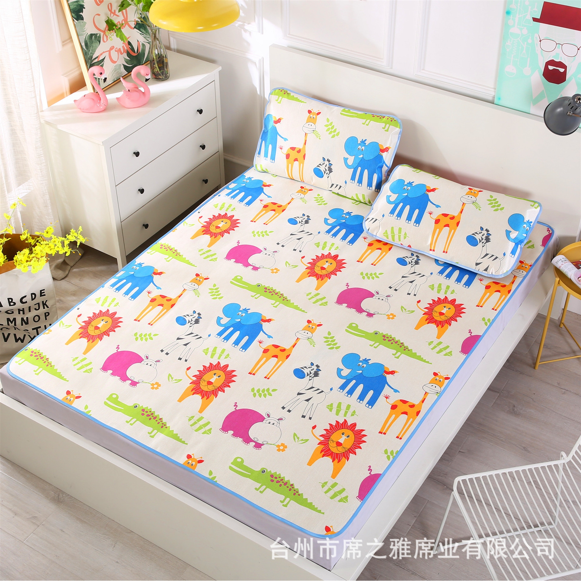 3D印花冰丝席 可水洗三件套 卡通凉席学生0.9m席子 1.8米双人草席