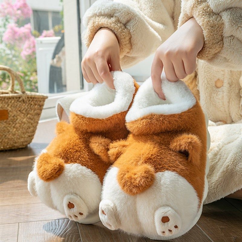 DHWA柯基包跟棉拖鞋女款冬季室内家居卡通防滑高帮保暖加绒棉鞋萌