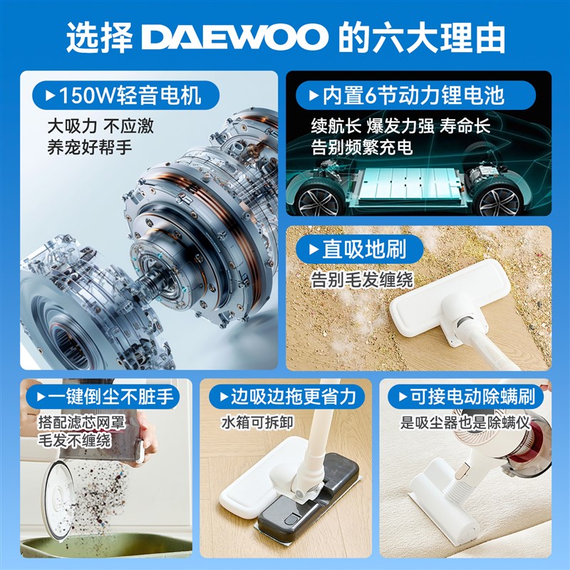 DAEWOO大宇吸尘器无线家用大吸力小型手持吸猫毛V地毯吸拖All