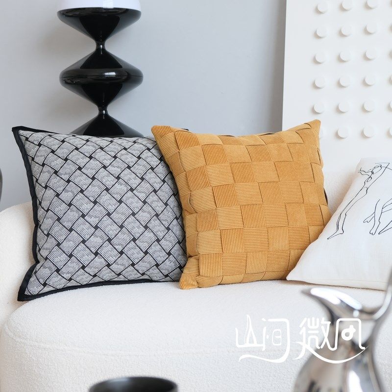 暖色系手工编织格纹现代简约客厅沙发靠垫抱枕别墅样板间轻奢黄色,居家布艺,靠垫/抱枕,淘宝优惠券,粉丝福利购,淘宝优惠卷