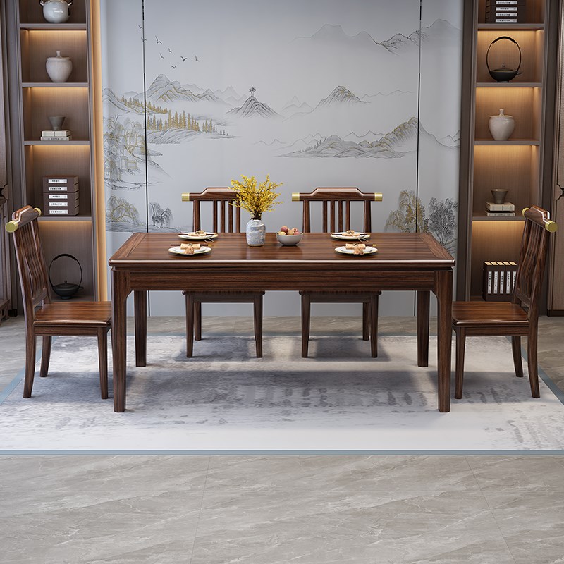 新中式全实木岩板乌金木餐桌椅组合F大小户型家用长方形餐厅吃饭