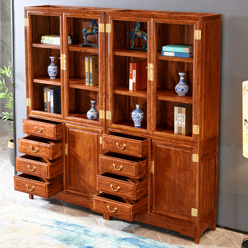 红木家具刺d猬紫檀书柜书架玻璃门书房书橱实木花梨木展示柜新中