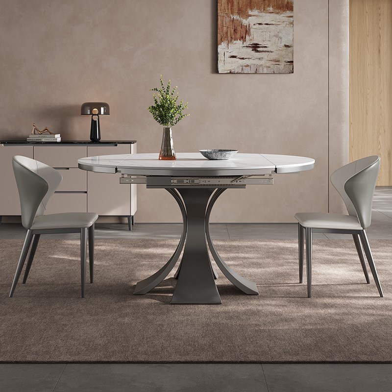 伸缩岩板餐桌圆形客厅家用小户型B高端意式极简加厚岩板可变圆餐