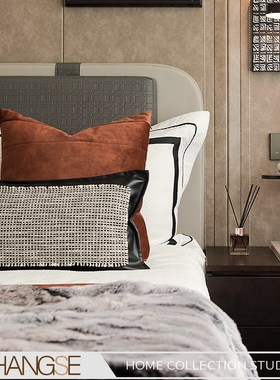 尚塞布艺样板房床品橙色抱枕灰色毛毯轻奢简O现代床上用品10件套