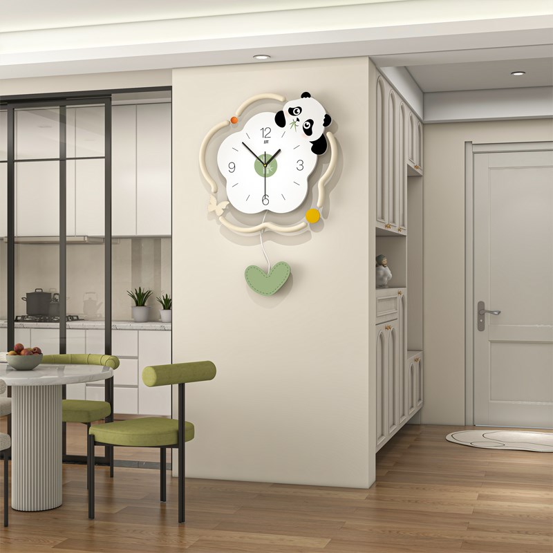 家用挂墙钟表简约现代奶油风花朵熊D猫静音时钟高级感创意客厅挂