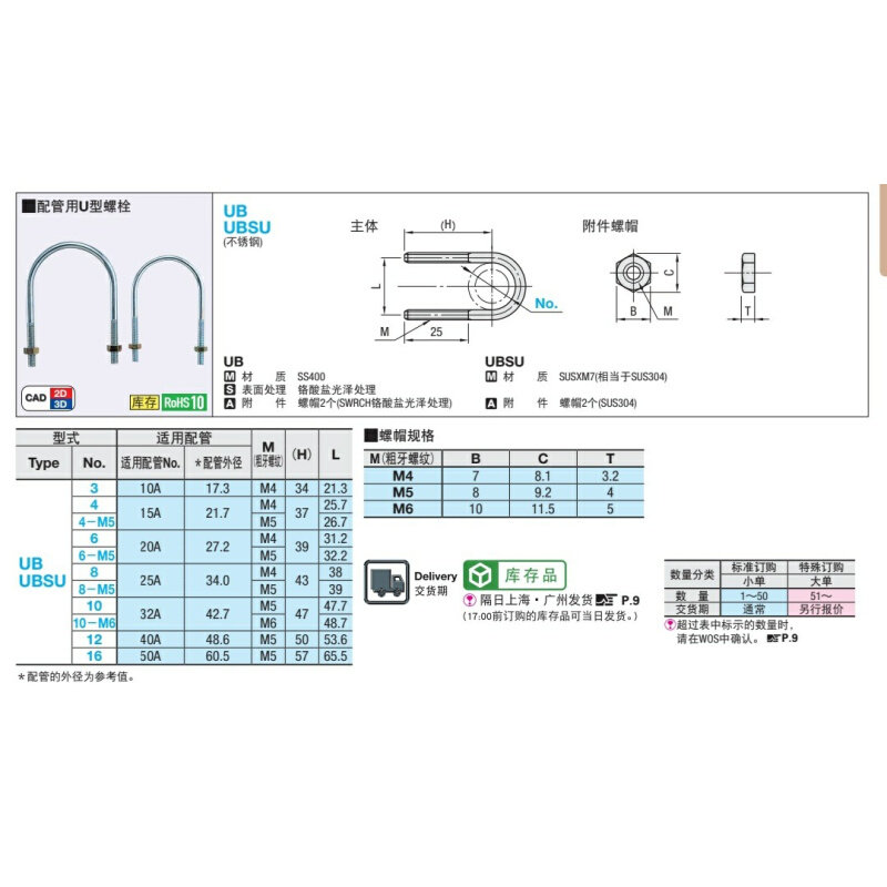 .配管用u型螺栓ub/ubsu3/4/4-m5/6/6-m5/8/8-m5/10/10-m6/12/16