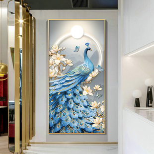 入户正对门玄关钻石画满钻新款孔雀竖版客厅十字绣点贴钻砖石手工