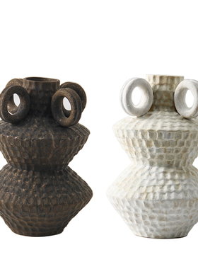 复古仿旧侘寂风民宿酒店四耳圆环装饰陶瓷花瓶花器样板间客厅摆件