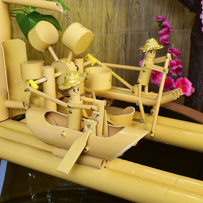 双人划船流e水摆件循环水鱼池竹子水车风水轮鱼缸装饰造景过滤器