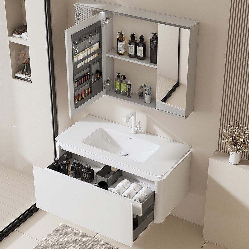 定制奶油风水镜折叠智能全面镜实木浴室柜组合一体盆洗漱台隐藏式
