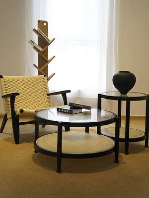 藤编圆形橡胶木日式玻璃茶几客厅家用小户型现代简约沙发边几茶桌