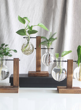 创意木架水培花瓶绿萝植物透明玻璃插花容器桌面摆件家居装饰用品