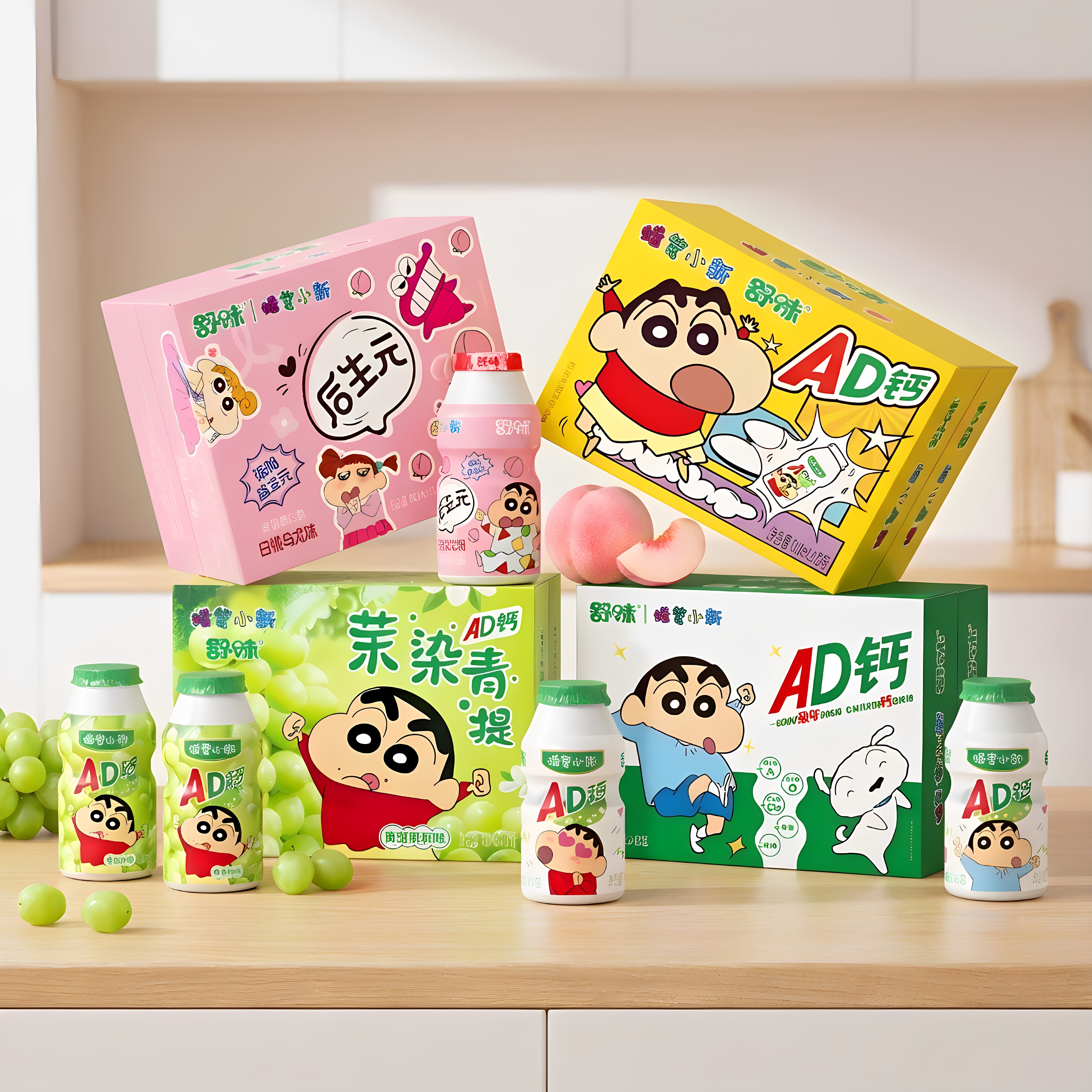 蜡笔小新ad钙奶联名款饮料儿童早餐茉莉青提白桃味饮品100ml*12瓶
