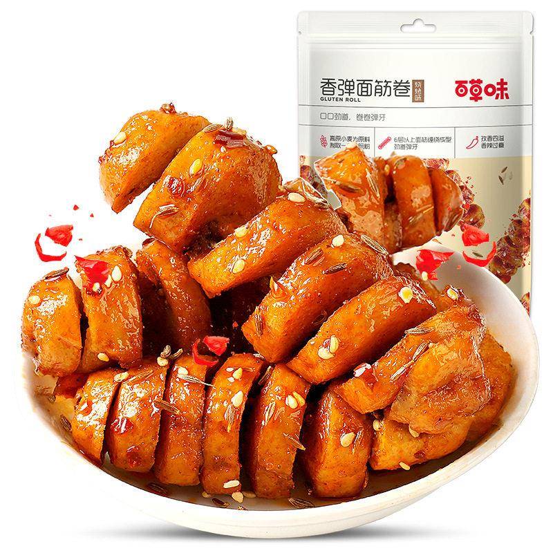 百草风味烧烤风味面筋卷135Gx3袋装即食素食面筋卷烤面筋卷休闲零