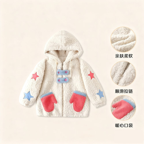 【ZS】【现货】女童秋冬季连帽加绒上衣夹棉加厚外套毛毛衣MZE079