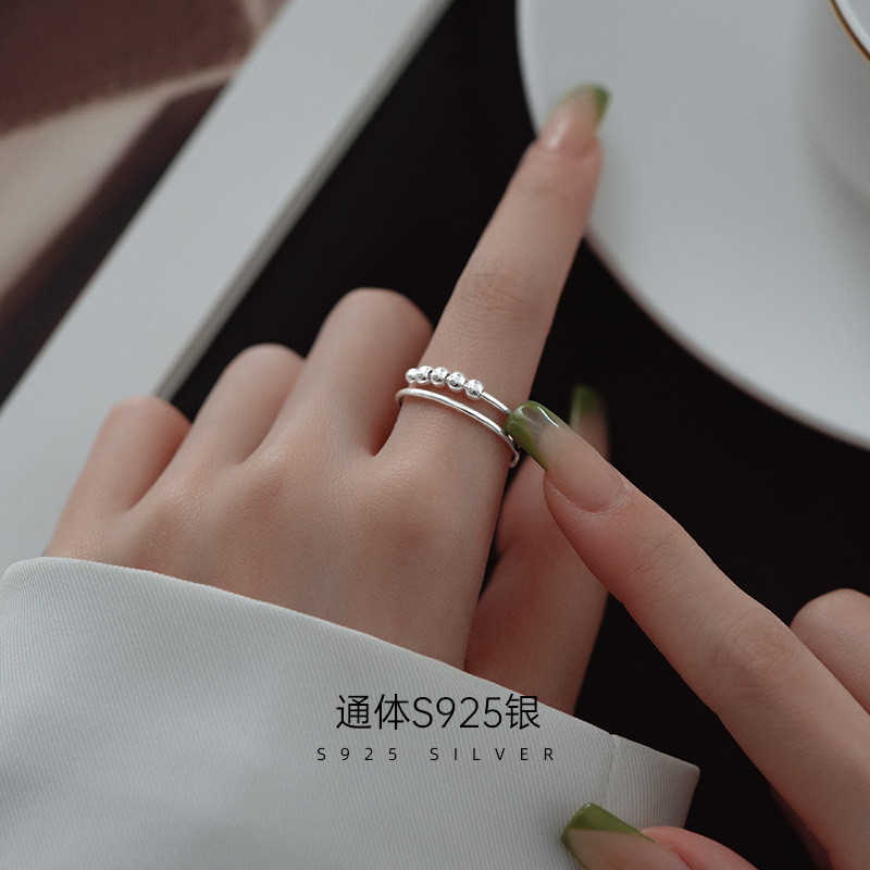 S925银双层可转动圆珠戒指
