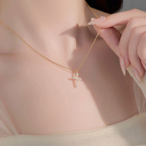 S925银十字架项链女时尚镶钻
