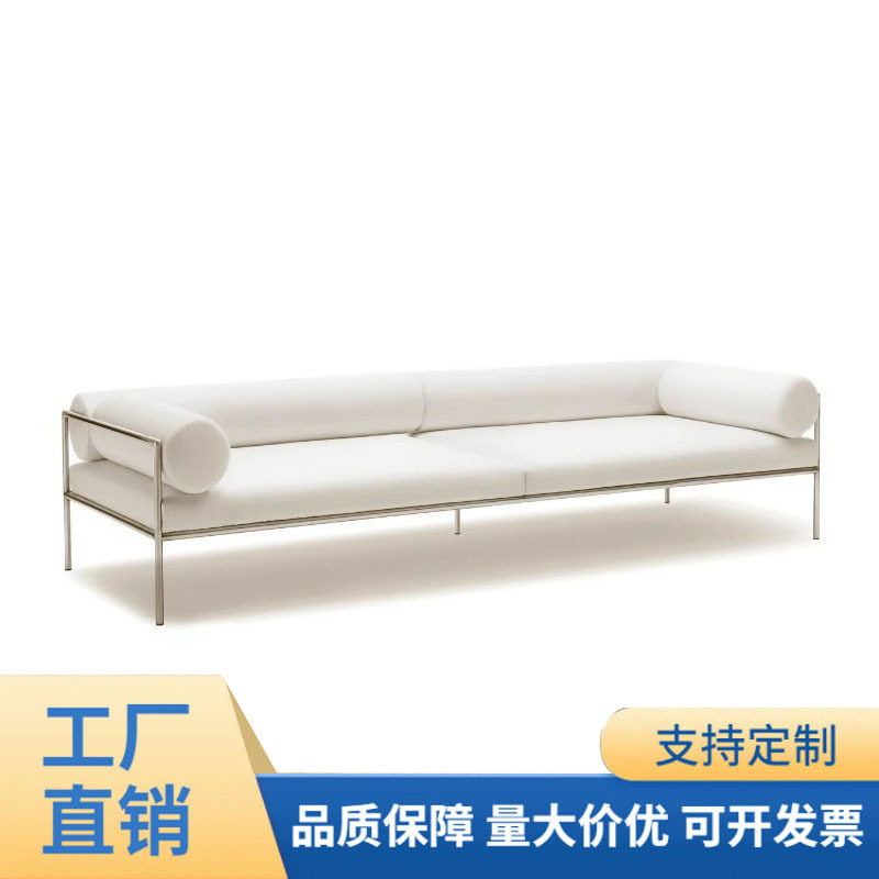 现代简约金属不锈钢布艺沙发单双人三人设计师样板房米白色沙发