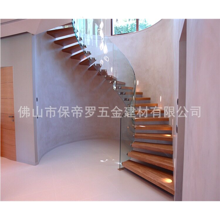 弧型旋转钢木楼梯钢化双层玻璃栏杆护栏扶手家用别墅