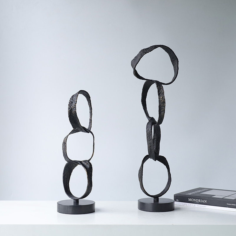 现代抽象铸铁几何圆圈摆件黑色样板间酒店家居客厅电视柜书柜饰品