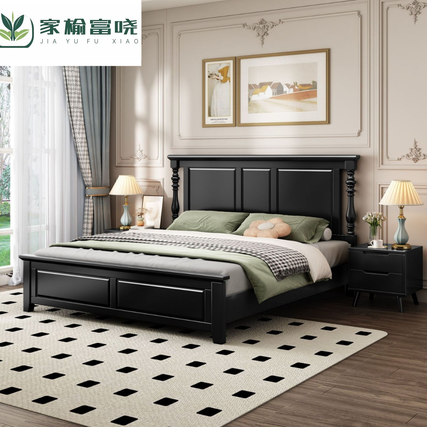 美式实木床小户型主卧1.5米1.8复古轻奢双人大床乡村储物高箱婚床