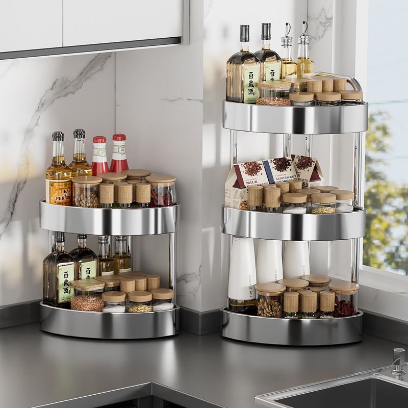 跨境新款不锈钢厨房置物架台面转角调料架多功能收纳架双层置物架