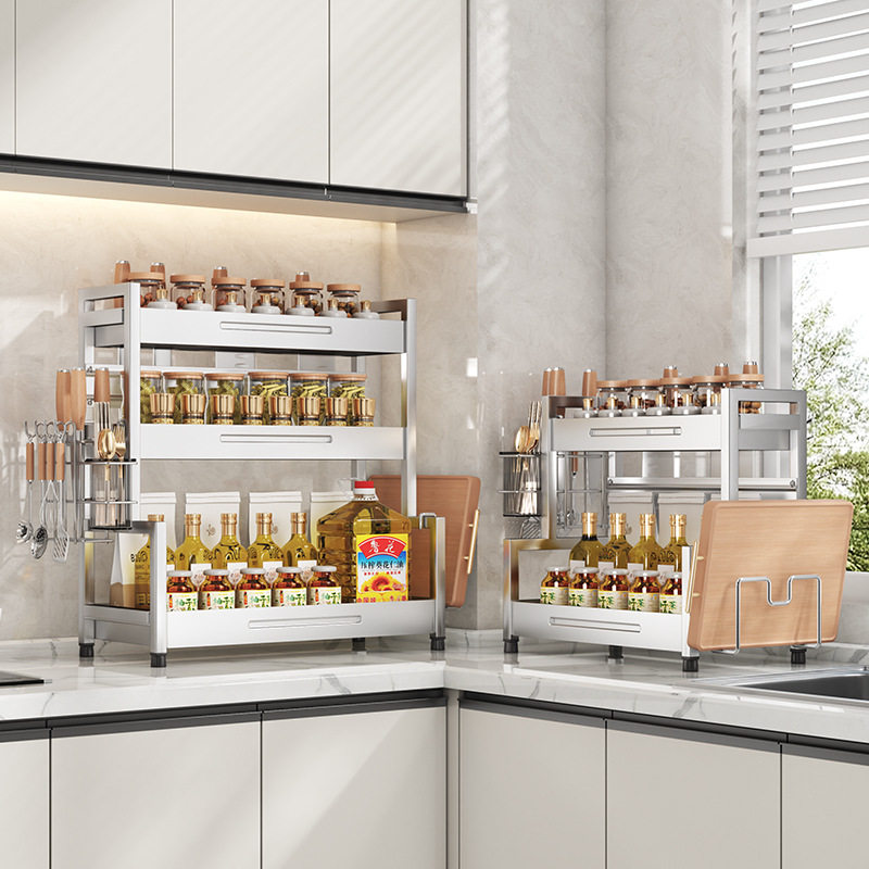 厨房调料架台面砧板刀架筷筒双层油盐酱醋置物架灶台不锈钢收纳架