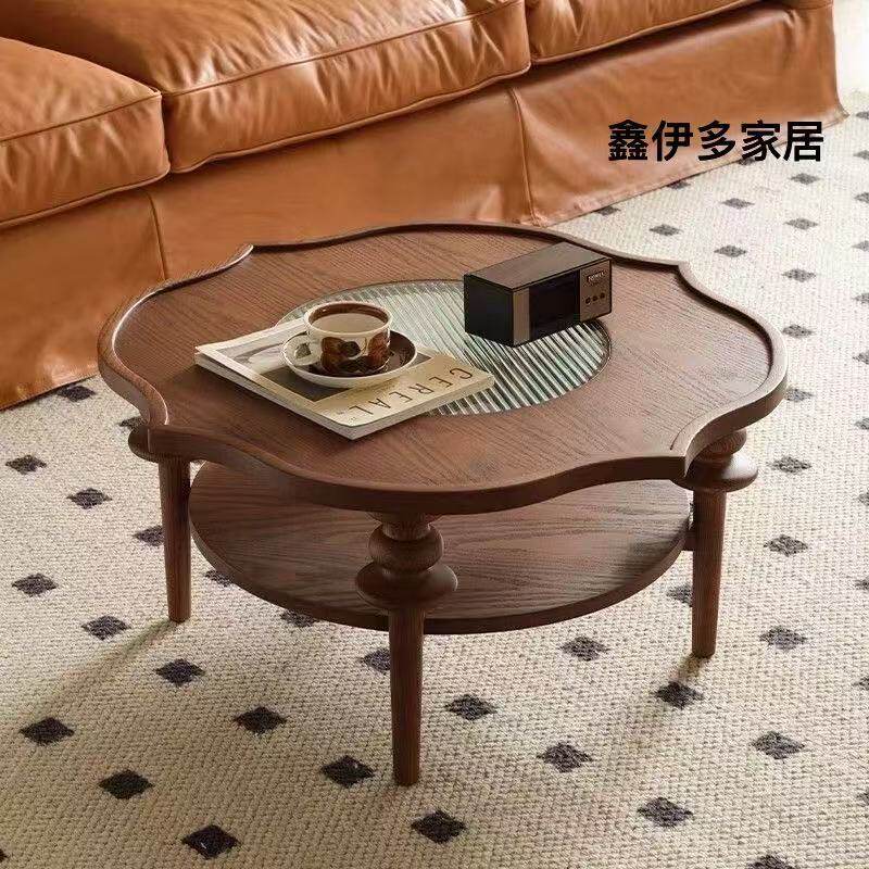 法式复古实木藤编玻璃面茶几