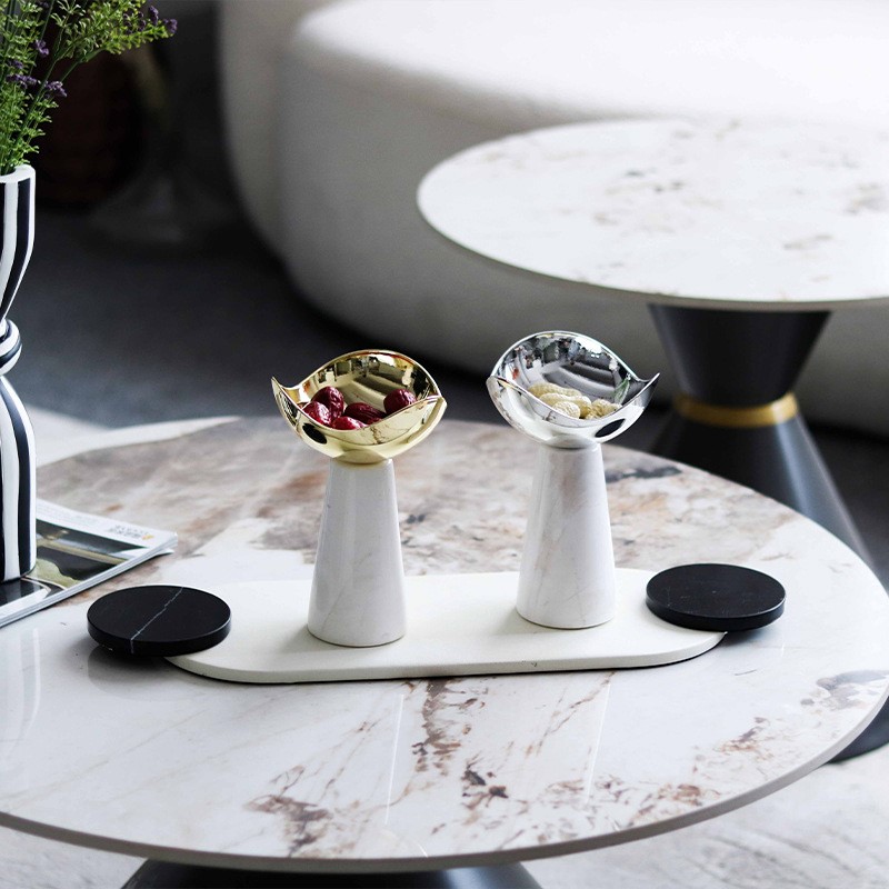 新中式轻奢皮革不锈钢椭圆圆柄托盘摆件客厅玄关酒店软装家居装饰