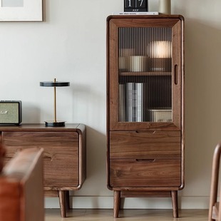 北美黑胡桃木实木小酒柜小户型靠边柜客厅书柜单门玻璃展示柜立柜